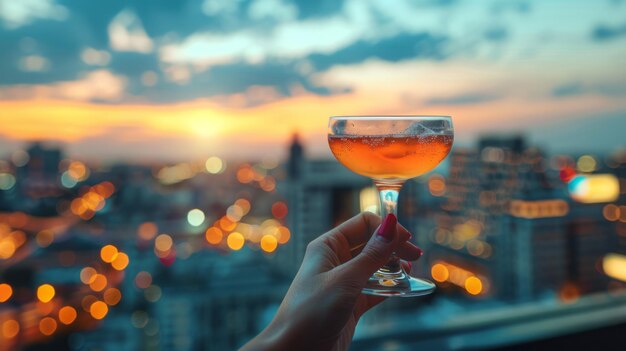 Foto toasting de elevación del paisaje urbano con cócteles elegantes en el bar de la azotea