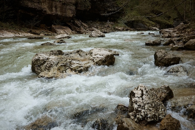 Tobende Wellen des Gebirgsflusses, Felsen und Felsen im Fluss, raues Wasser, Landschaft