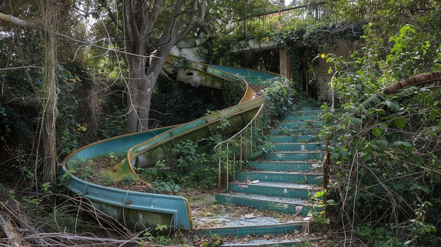 Foto un tobogán de agua cubierto de vegetación y abandonado en un estado de deterioro rodeado de exuberante vegetación y árboles