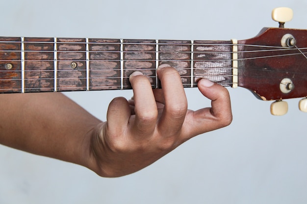 Toca la guitarra a mano, es la guitarra de acordes &quot;D minor&quot;.