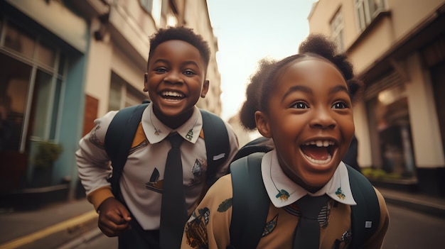 Toca de un niño y una niña listos para la escuela concepto ai