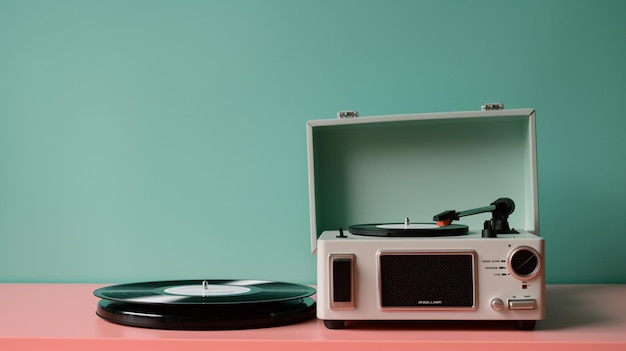 Un tocadiscos antiguo con un estuche al lado