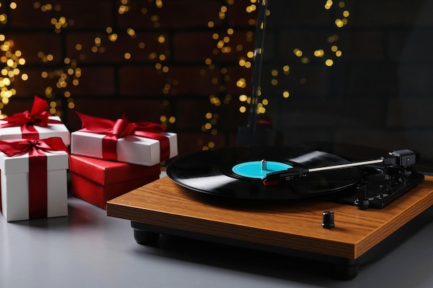 Tocadiscos con discos de vinilo y cajas de regalo de Navidad contra luces borrosas espacio para texto