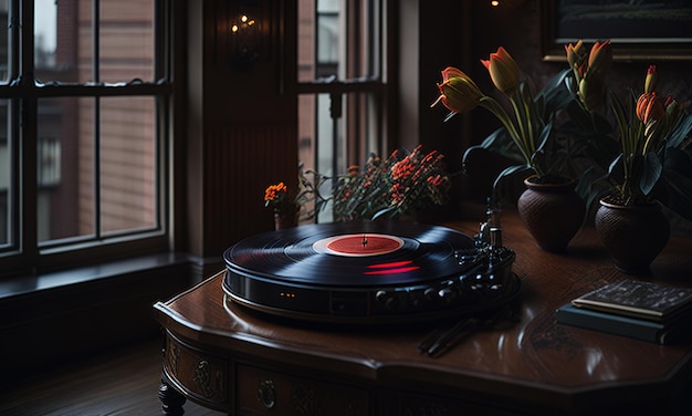 Tocadiscos de pie en una acogedora y hermosa habitación antigua con café y flores.