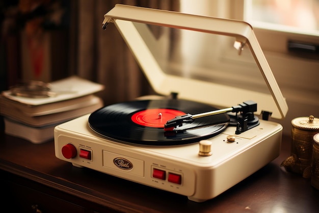 Tocadiscos retro que tocan discos de vinilo en una habitación acogedora