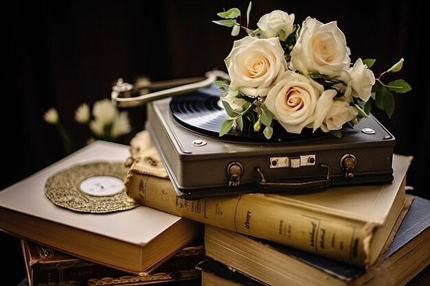 Un tocadiscos sentado encima de una pila de libros