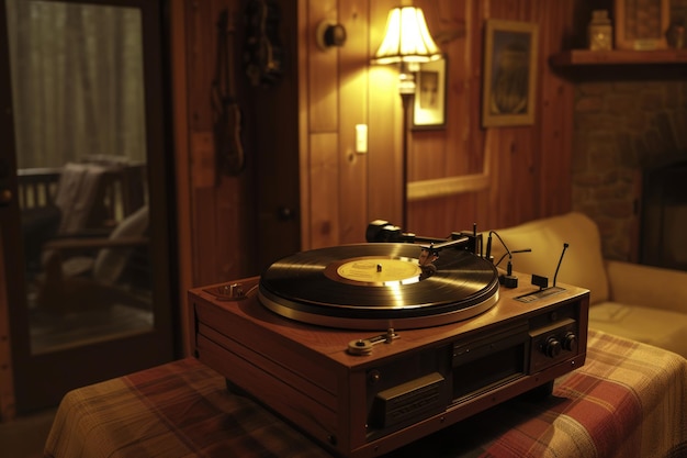 Un tocadiscos se sienta en una mesa en una habitación débilmente iluminada