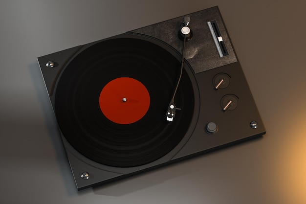 El tocadiscos de vinilo oscuro en la representación 3d de la mesa