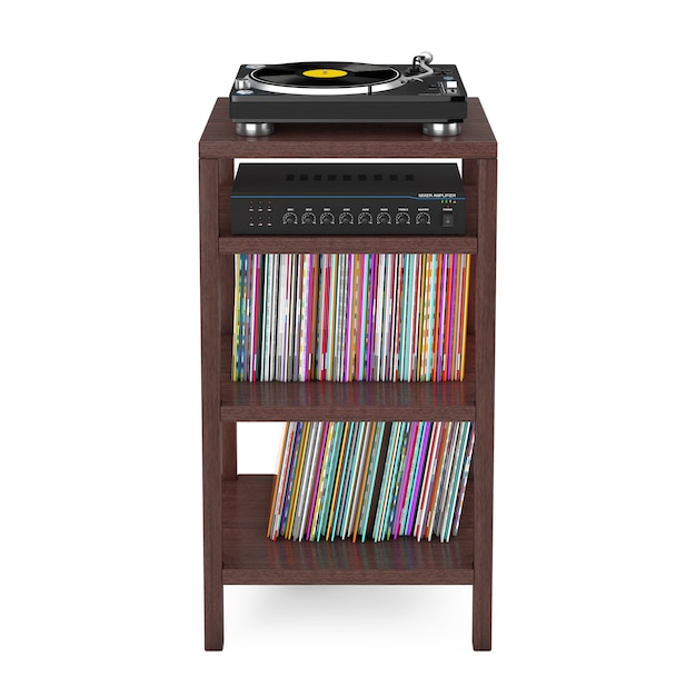 Tocadiscos de vinilo tocadiscos, amplificador mezclador estéreo de alta fidelidad y Syack of Old Vinyl Record Disk con soporte de almacenamiento en rack de madera sobre un fondo blanco. Representación 3D