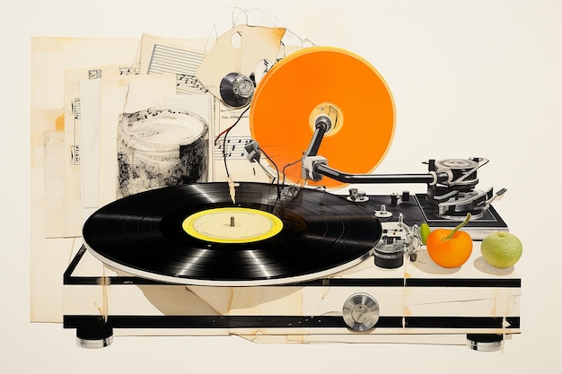 Tocadiscos de vinilo vintage con un disco de vinilo naranja sobre un fondo blanco Collage de papel