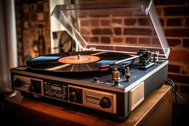 Tocadiscos vintage con discos de vinilo creados con IA generativa