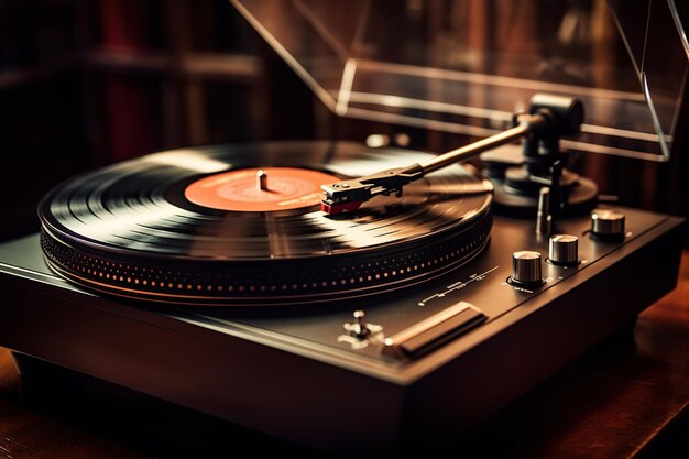 Foto el tocadiscos vintage en la mesa de madera el reproductor de música retro en la mesa