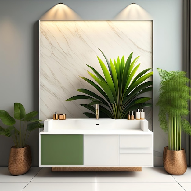 Tocador de baño moderno y minimalista de piedra de mármol blanco y palmera de bambú tropical verde espacial al sol