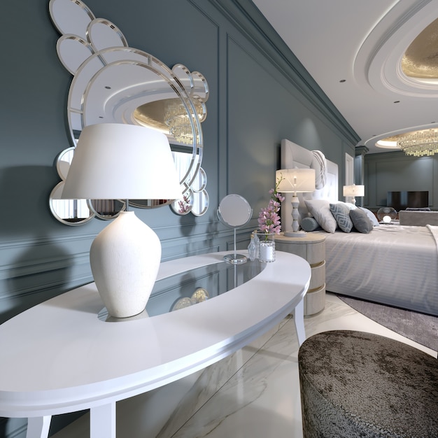 Tocador blanco clásico con espejo redondo y sillón suave en el dormitorio. Representación 3d