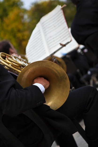 Tocando el cuerno en una banda