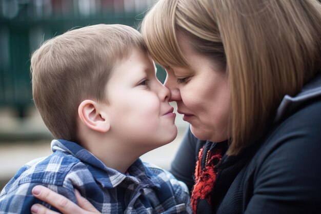 Tocando a un niño con su madre con autismo creado con inteligencia artificial generativa