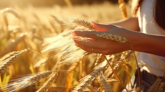 Foto tocando el trigo dorado al atardecer en el campo