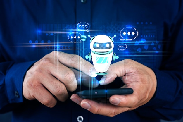 Tocar con la mano Chatbot digital para acceder a la información y los datos en la red en línea