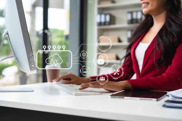 Tocar con la mano el icono de Secure Access Service Edge en la pantalla virtual del teléfono inteligente, el marco de red de contraseña de fondo y la tecnología de soporte en la oficina SASE concepto de servicio de acceso seguro edge