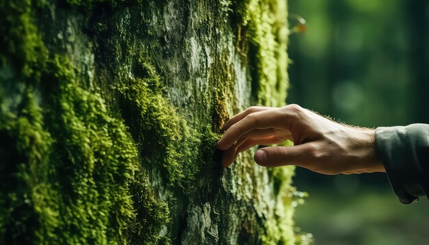 Foto tocar el musgo con la mano en el bosque conservación ecológica segura