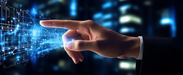 tocar la pantalla virtual con la mano sosteniendo un teléfono inteligente con Business Background