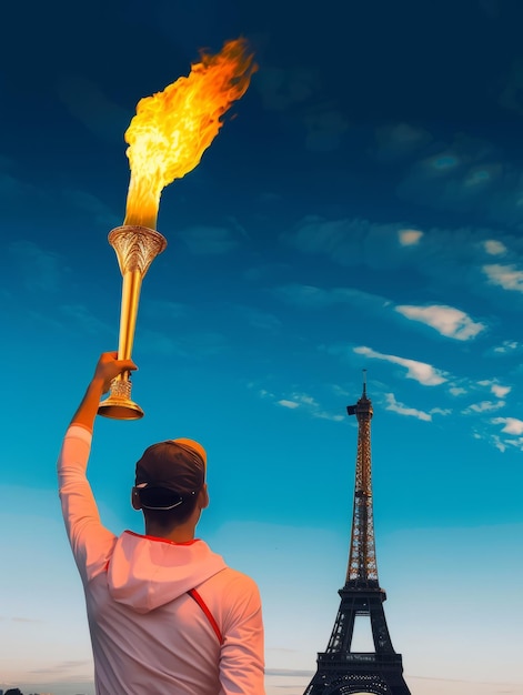 Foto tocha olímpica com a torre eiffel como pano de fundo