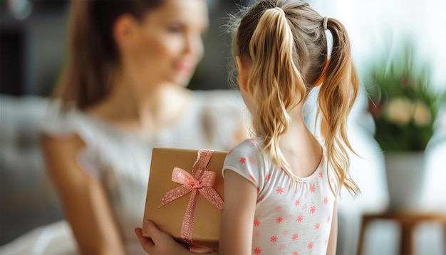 Tochter mit Geschenk für den Muttertag Liebendes Teenagermädchen schenkt Mutter eine Geschenkkiste