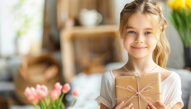 Tochter mit Geschenk für den Muttertag Liebendes Teenagermädchen schenkt Mutter eine Geschenkkiste