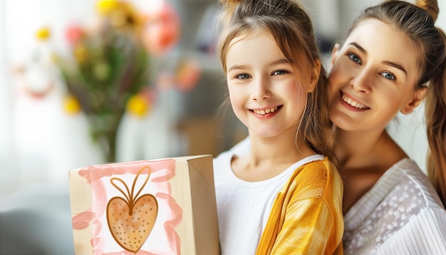 Tochter mit Geschenk für den Muttertag Liebendes Teenagermädchen schenkt Mutter eine Geschenkkiste