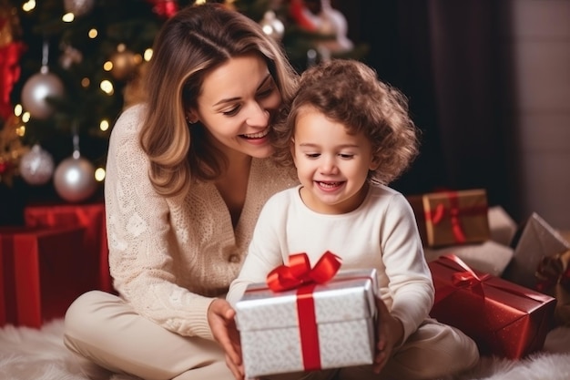 Tochter sitzt neben der Mutter und öffnet eine Geschenkkiste, während sie neben dem Weihnachtsbaum sitzt