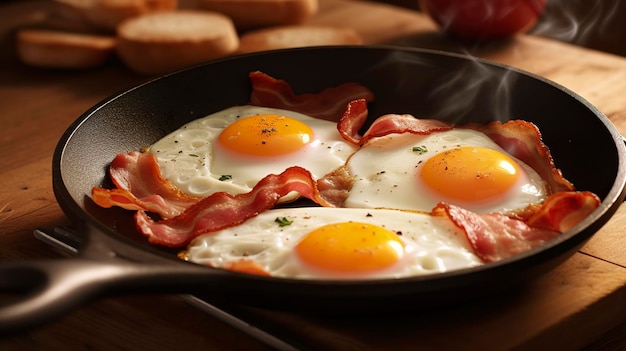 Tocino y huevos en una sartén Composición con sabrosos huevos fritos y tocino sobre mesa de madera AI Generativo