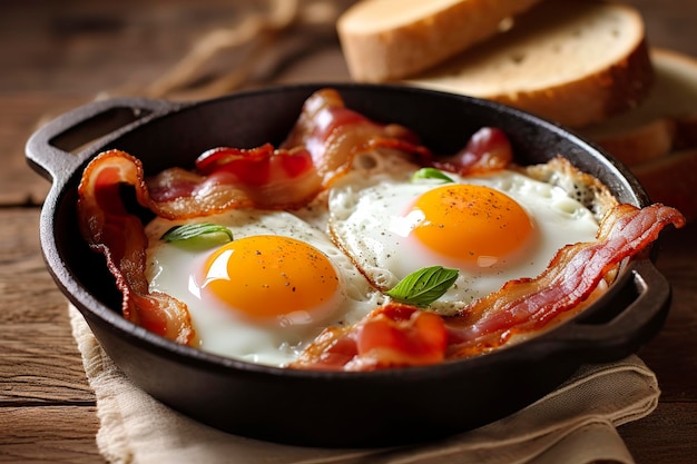 Tocino y huevos en una sartén Composición con sabrosos huevos fritos y tocino sobre mesa de madera AI Generativo