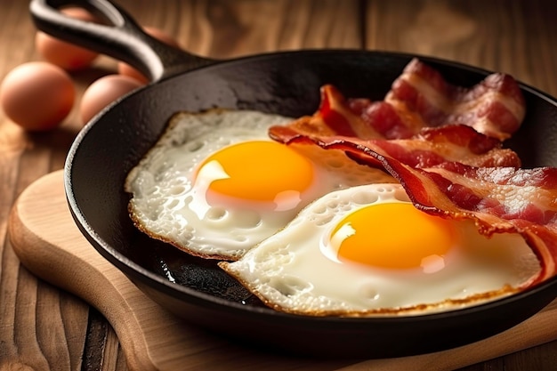 Tocino y huevos en una sartén Composición con sabrosos huevos fritos y tocino sobre mesa de madera AI Generativo