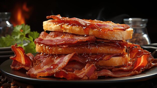 Foto tocino con salsa derretida en la mesa con fondo negro y borroso