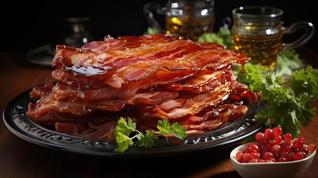 tocino con salsa derretida sobre mesa con fondo negro y desenfoque