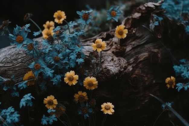 Un tocón de árbol con flores amarillas y una flor azul.