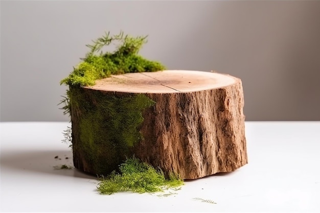 Un tocón de árbol con musgo y un trozo de madera sobre la mesa.