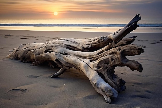 Foto un tocón de árbol en una playa con la puesta de sol detrás de él.