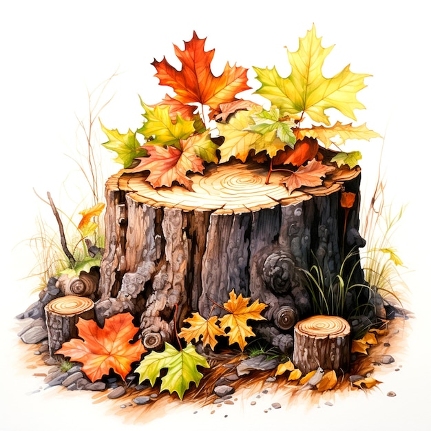 Tocón de bosque de otoño con hojas de otoño Ilustración aislada generativa de acuarela de bosque AI