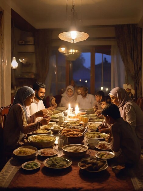 Foto toda a família está a comer iftar juntos.