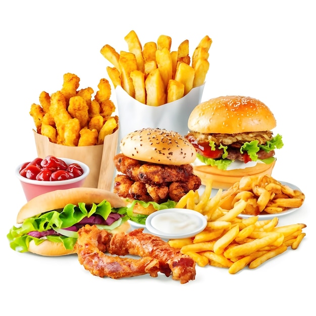 Toda la colección de comida rápida aislada en un fondo blanco