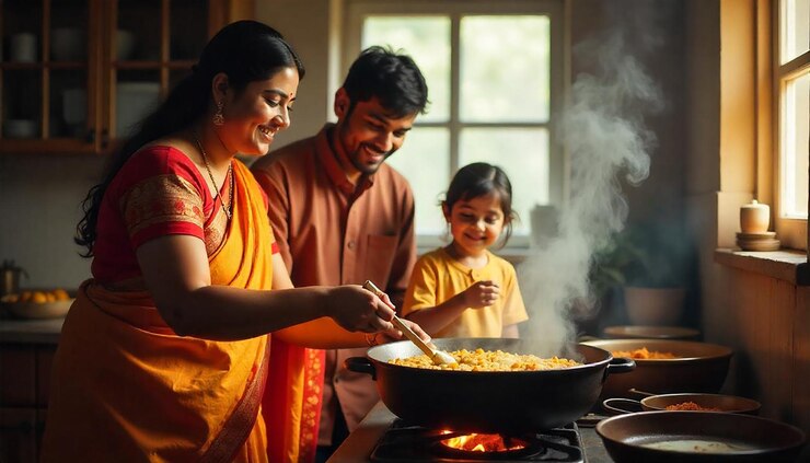 Toda la familia cocinando junta se une con comidas caseras