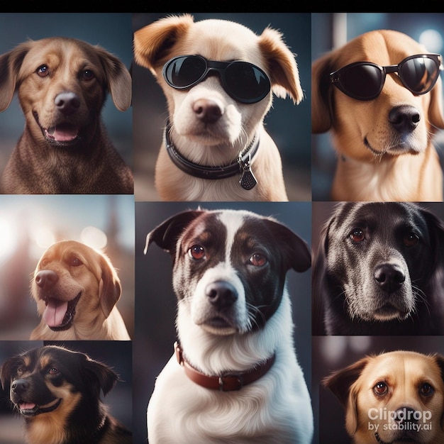 todas as raças de cães em um quadro estão usando óculos escuros