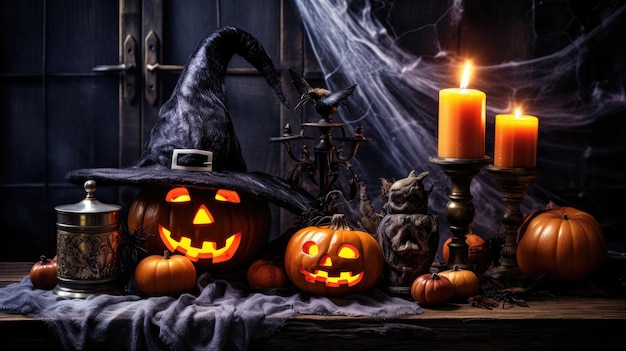 Todavía aterrador Halloween Decorado cuarto oscuro con mesa cubierta de telas de araña quemando vela de calabaza