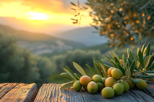 todavía vida con aceitunas verdes en una mesa en un olivar