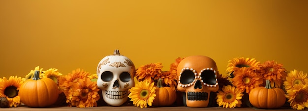 Todesschädel-Kürbis-Dekorationshintergrund Halloween und Tag der Toten