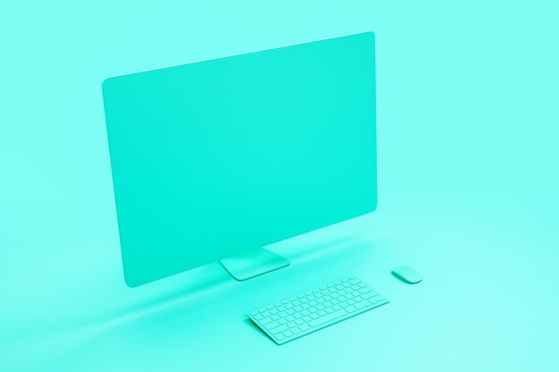 Todo el concepto mínimo azul con pantalla de computadora de un solo material en blanco en el fondo abstracto 3D Rendering