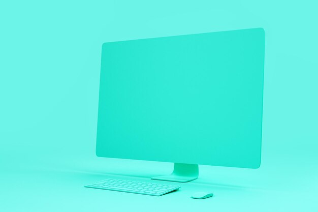Todo el concepto mínimo azul con pantalla de computadora de un solo material en blanco en el fondo abstracto 3D Rendering
