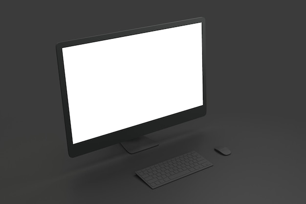 Todo el concepto mínimo en negro con una pantalla simulada en blanco en blanco de una computadora negra de un solo material