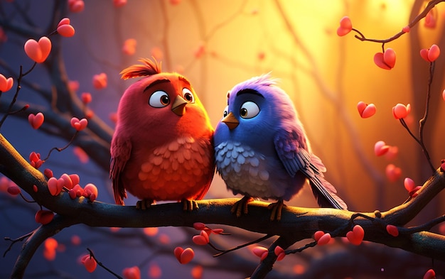 Con todo el corazón abrazar la naturaleza de alto detalle 3D dibujos animados amor pájaros en un fondo natural